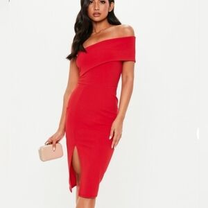 Missguided Off-The-Shoulder One Sleeve Front Slit Midi Dress | US 14